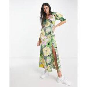 ASOS DESIGN Keyhole Front Midi Tea Dress In Multi Floral Print-Green Size 0